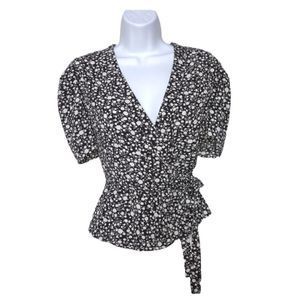 Blush BJ Ditsy Floral Knot Side Wrap Black White Peplum Blouse Puff Sleeves M